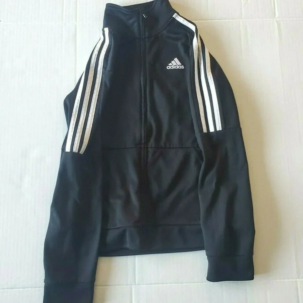 ADIDAS Essentials 3 Stripe Track Jacket Unisex Size 10/12 Black & White Full Zip